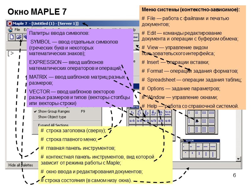 6 Окно MAPLE 7 #  строка заголовка (сверху); #  строка главного меню;